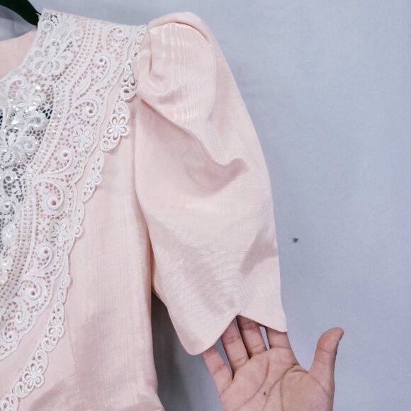 Vintage 80s Scott McClintock Pink Lace Sequin Skirt Suit Dress 4 Peplum Formal - Picture 5 of 16